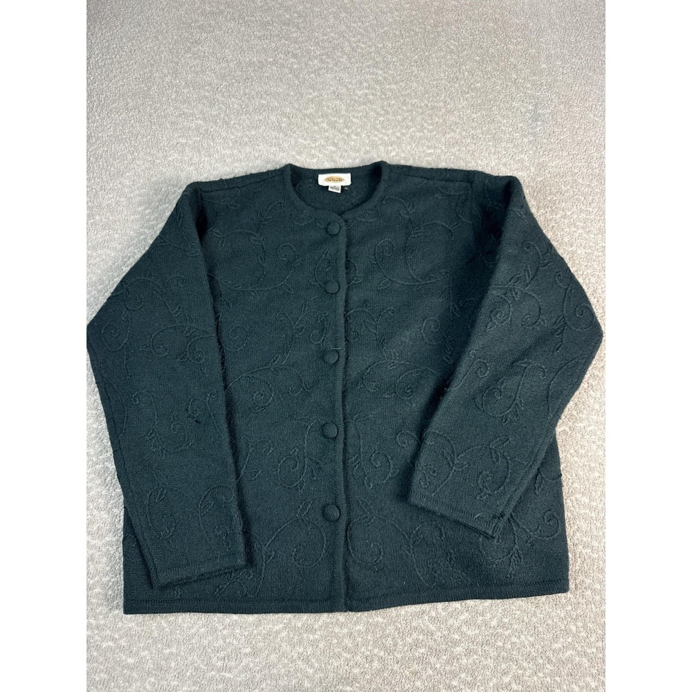 Talbots Cardigan Sweater Womens Small Green 100% Wool Scroll Floral Button Front